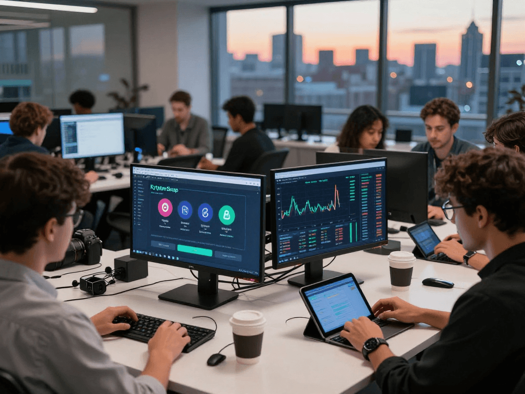 Engaged traders using Kyber-Swap on multiple devices in a vibrant trading hub during sunset.