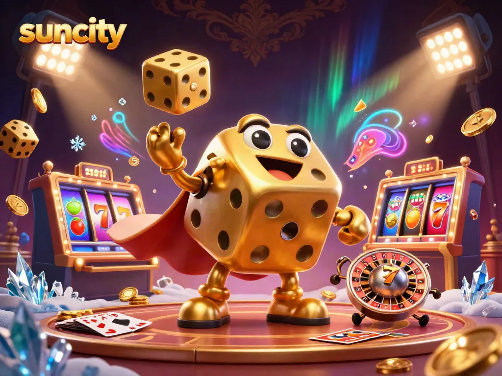 Engage in thrilling gaming action at suncity, featuring vibrant slot reels and dynamic characters.