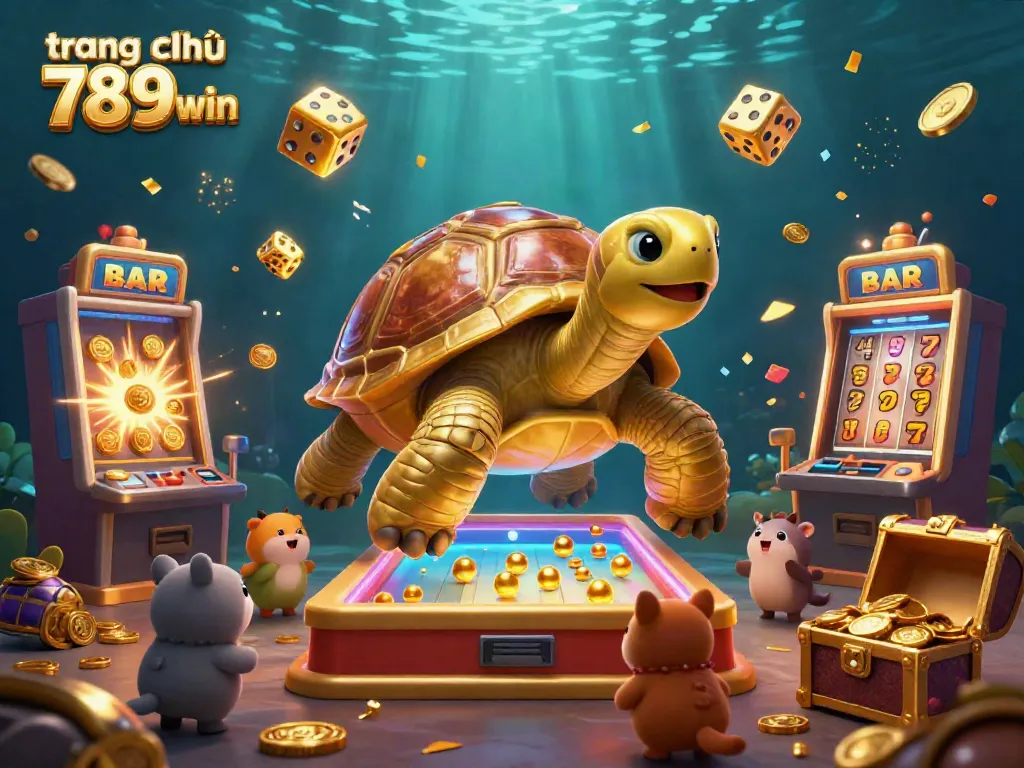 Engaging scene at trang chủ 789win with golden tortoise pinball and slot machines for an exciting gaming experience.