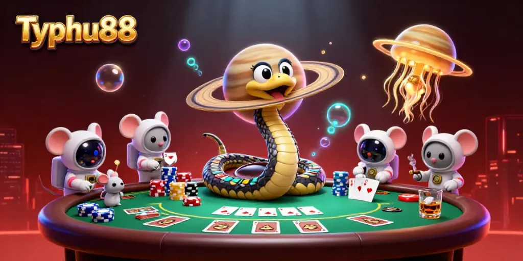 Betting action at Typhu88 with a roulette ring snake and playful astronaut mice