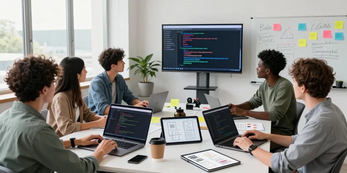 Diverse team of developers brainstorming at a modern workspace, using AI code generator tools on laptops and tablets.