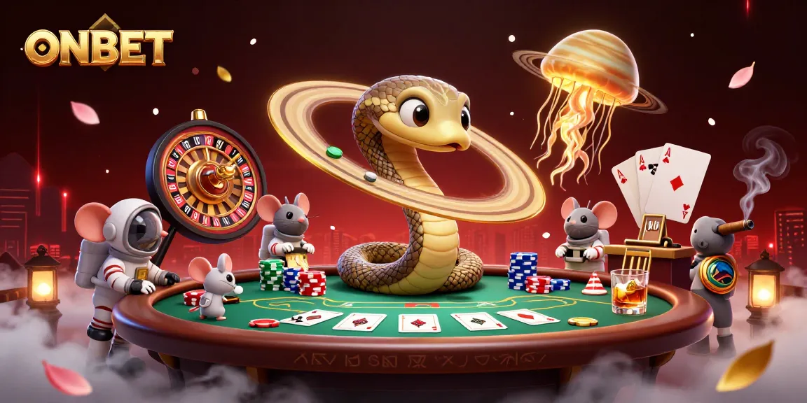 Experience ONBET excitement with a cosmic casino scene, featuring playful astronaut mice gambling.