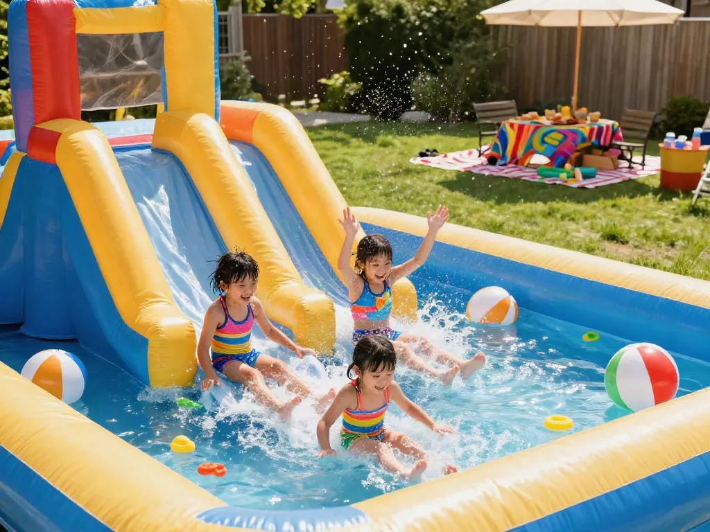 Children joyfully slide in the water on a summer inflatable water slide, splashing and having fun.