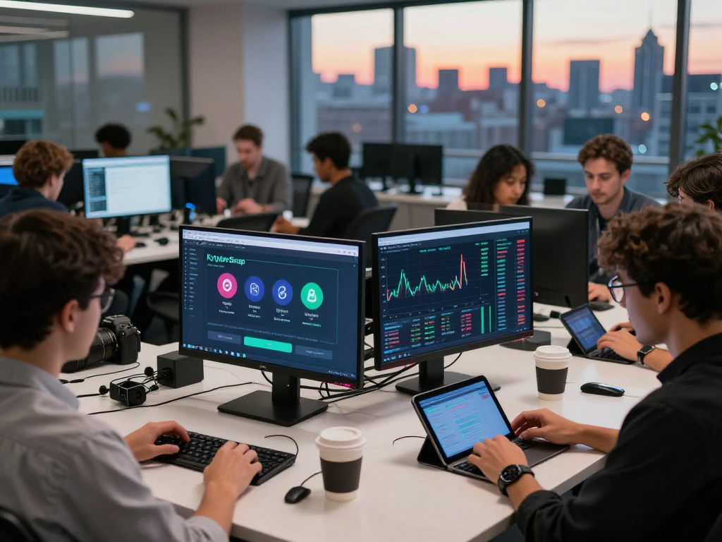 Engaged traders using Kyber-Swap on multiple devices in a vibrant trading hub during sunset.