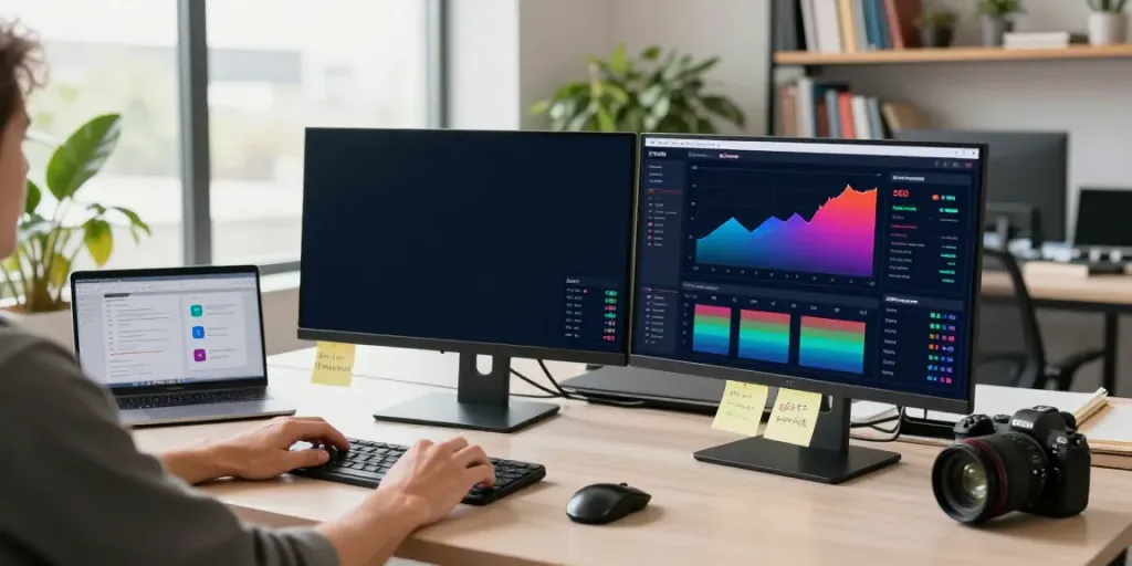 Digital marketer analyzing instant indexing metrics in a modern workspace.