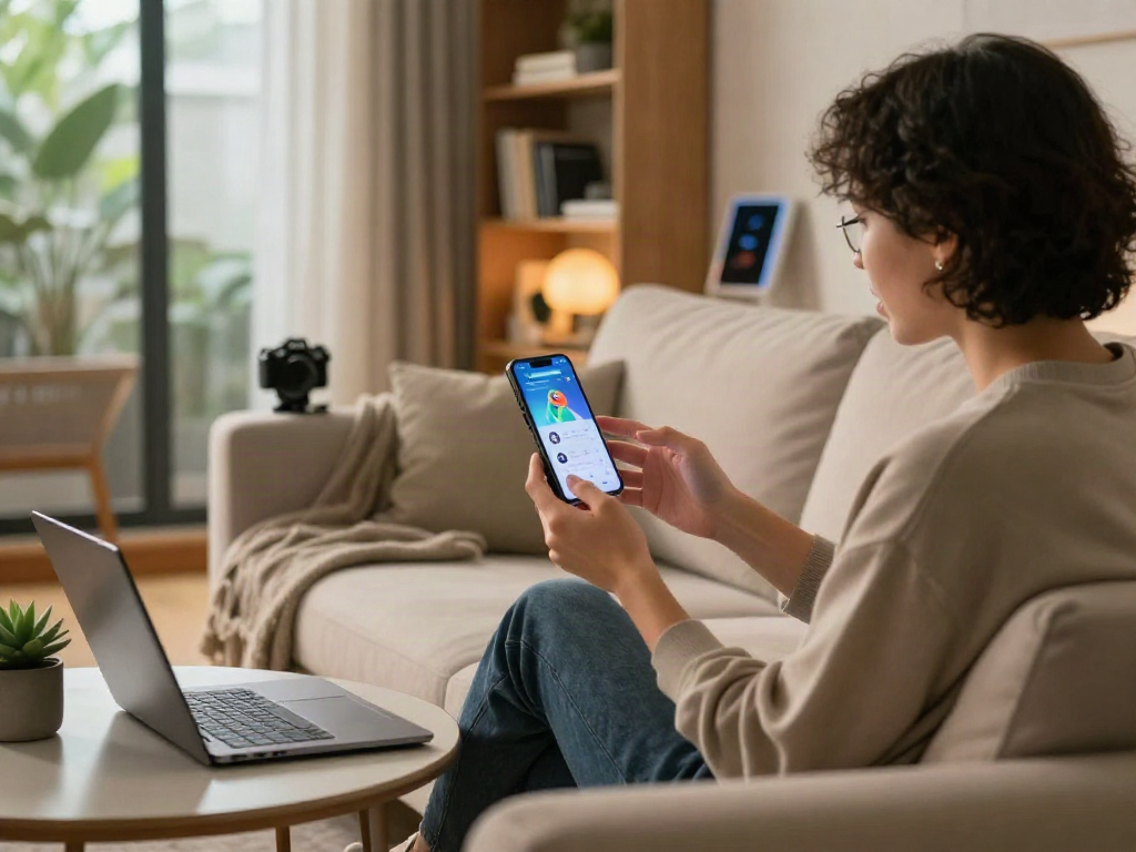 Engaging ai sex chat on a smartphone in a cozy living room setting, showcasing virtual interaction.