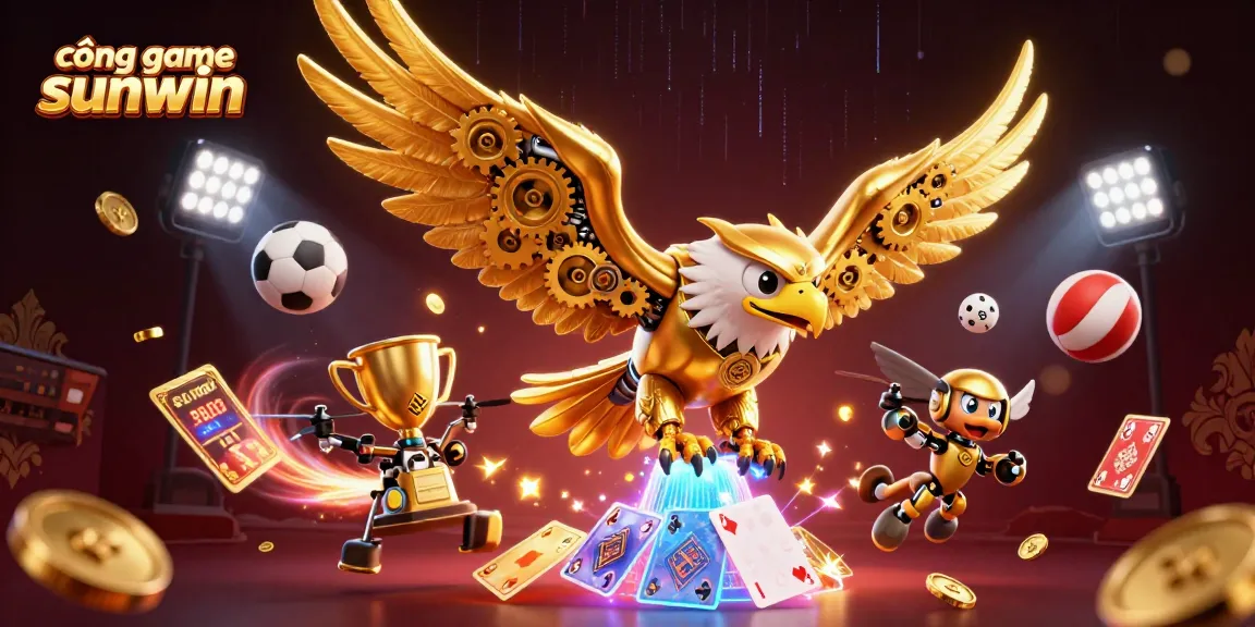 Engage with cổng game sunwin featuring a golden eagle soaring through holographic cards and sports elements.