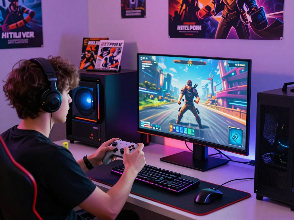 Player engaging in html porn games with immersive gaming setup and LED lighting