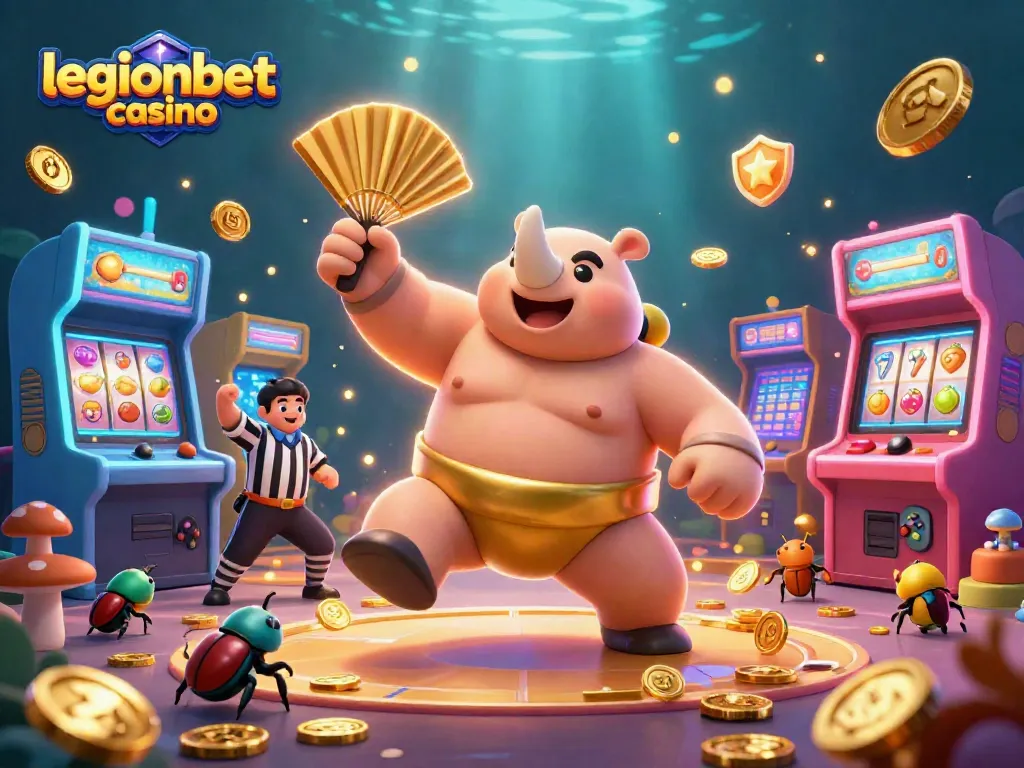 Experience the excitement of legionbet casino with a vibrant 3D beetle sumo champion sending coins flying.