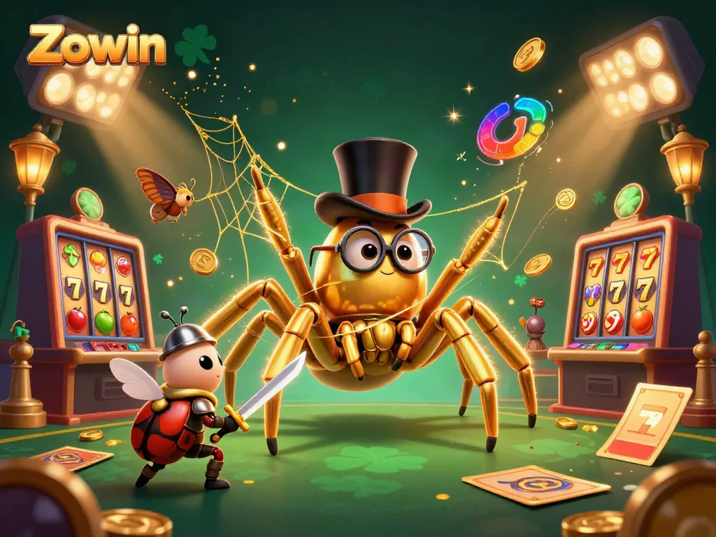 Zowin brings excitement with its giant golden tarantula weaving a winning web in a lively casino scene.