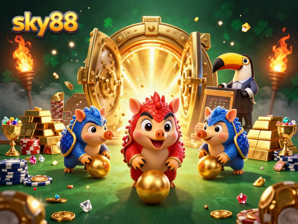 Experience thrilling gameplay with sky88 pangolins rolling through golden poker chips.
