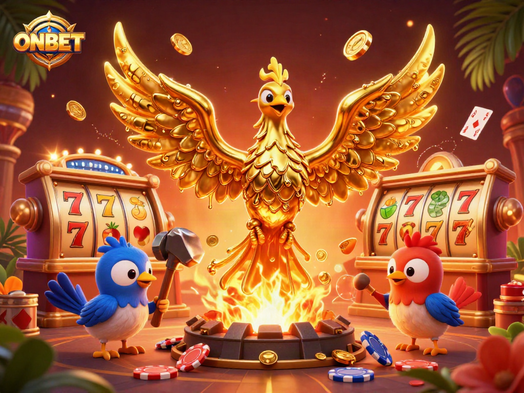 Experience ONBET's vibrant casino magic with a golden phoenix and winning elements.