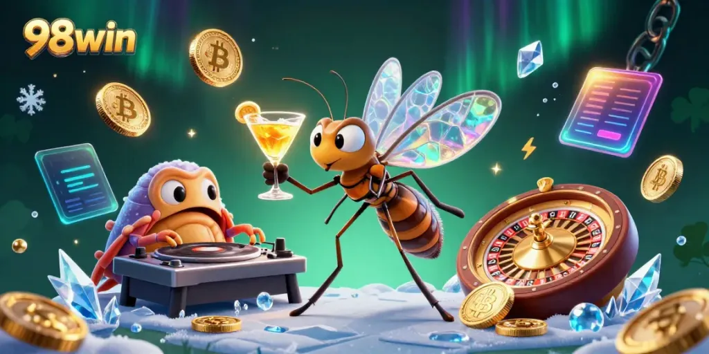 Experience thrilling gameplay with 98win through vibrant 3D casino characters and crypto coins.