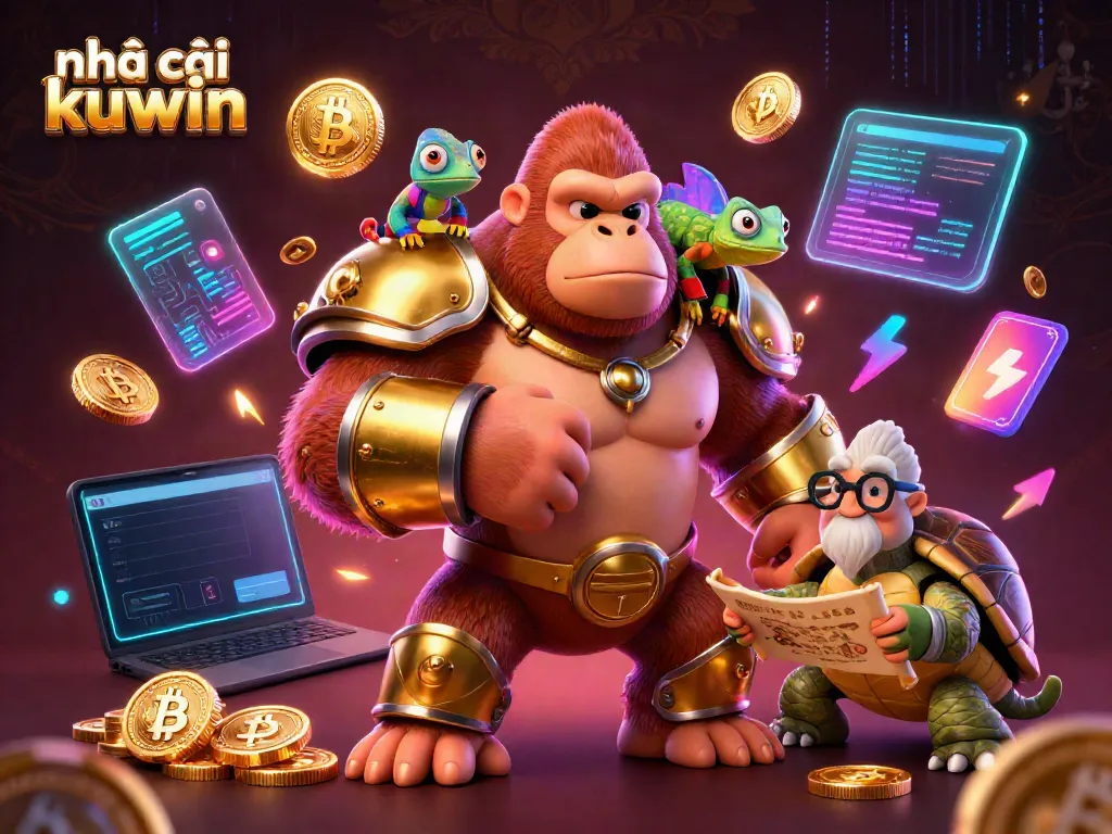 Engage in thrilling gambling at nhà cái kuwin with a vibrant scene featuring a king gorilla and a wise tortoise.