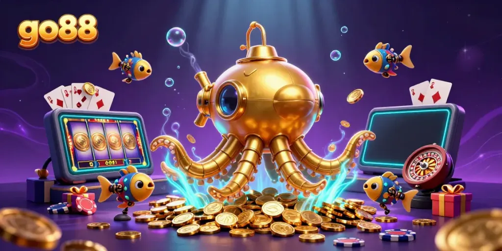 Experience the thrill at go88 with a dynamic underwater casino adventure featuring a golden kraken and vibrant game elements.