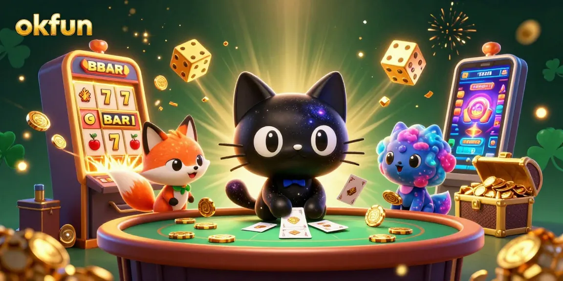 Engage in exhilarating casino action with okfun featuring a cosmic black hole cat at a jackpot table.