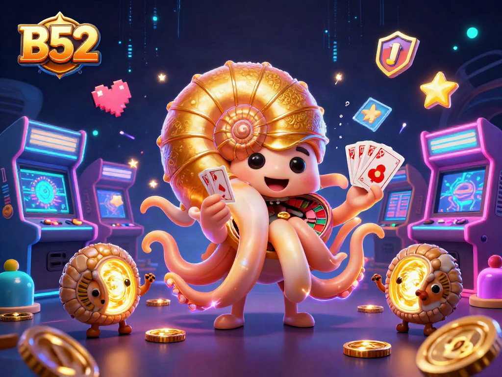 B52 spins with a giant nautilus roulette wheel amid vibrant arcade machines and glowing treasures.
