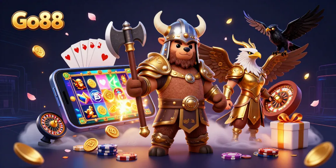 Play engaging slots featuring Go88's thrilling games with a Viking bear, Valkyrie eagle, and glowing runes.