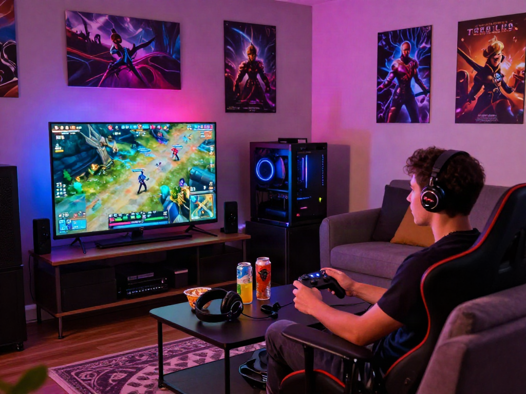 Dynamic gaming scene featuring an enthusiast engaged in xxx games surrounded by consoles and posters.
