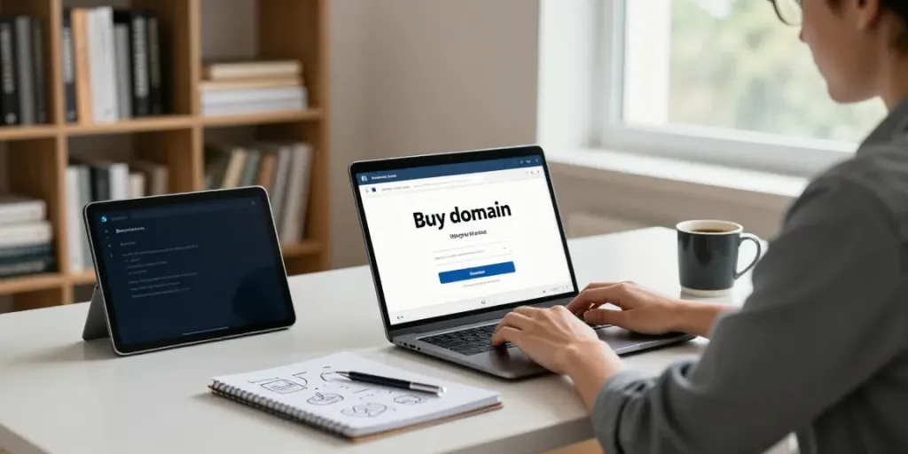 Buying a domain without hosting in a sleek home office.