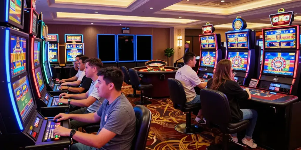 Players enjoying gem88 at vibrant casino slots, showcasing excitement and community.