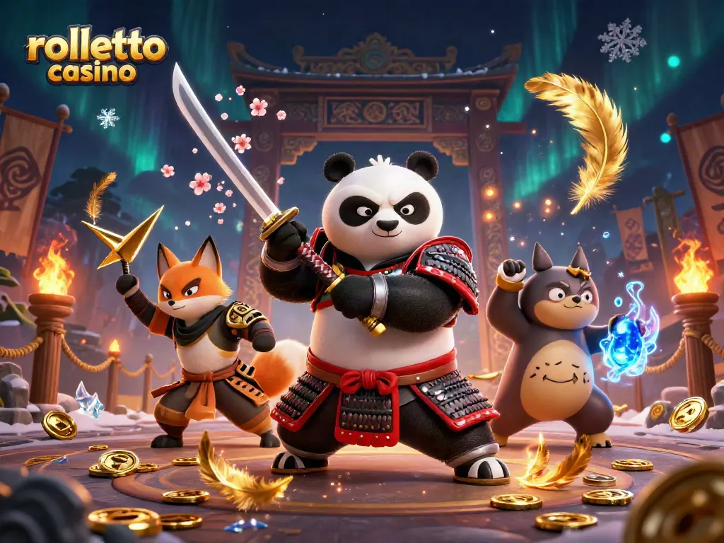 Engage in thrilling gameplay at rolletto casino with samurai panda and ninja fox characters surrounded by vibrant gaming elements.