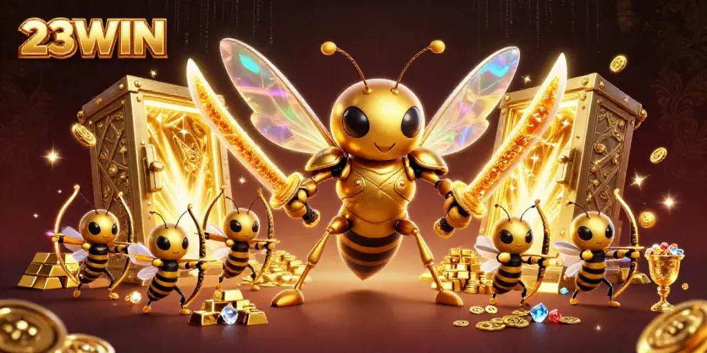 Engage with the thrilling 23WIN casino experience featuring vibrant characters and gold treasures.