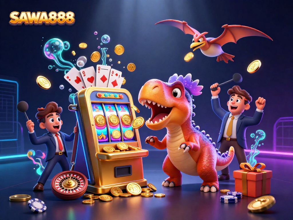 SAWA888 slot machine pays out coins as a dinosaur celebrates in a colorful casino scene