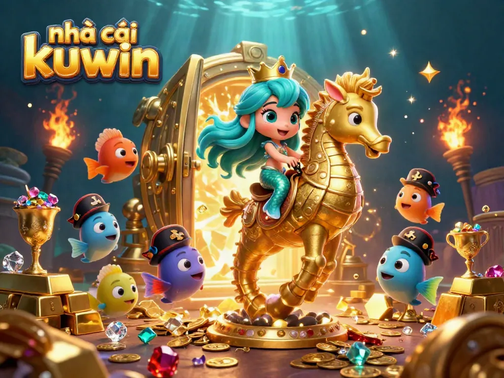 Engage with nhà cái kuwin in this vibrant 3D scene featuring exciting casino elements including treasures and vibrant characters.