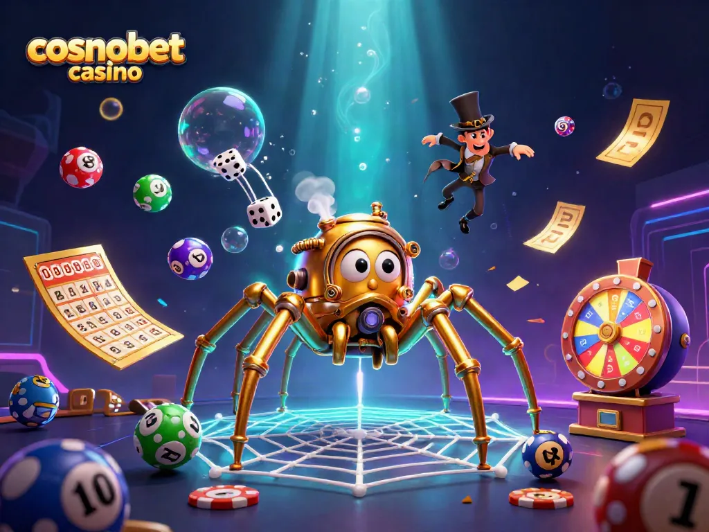 Engage with Cosmobet Casino's immersive gaming experience featuring colorful lottery elements and vibrant 3D visuals.