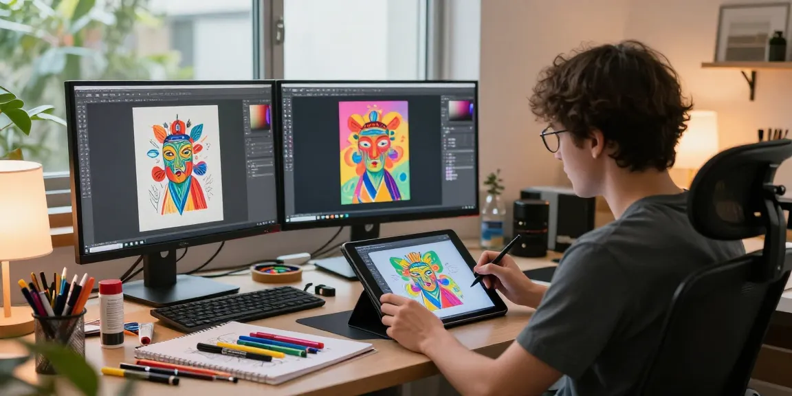 Creative artist crafting nsfw ai digital imagery in a vibrant studio.