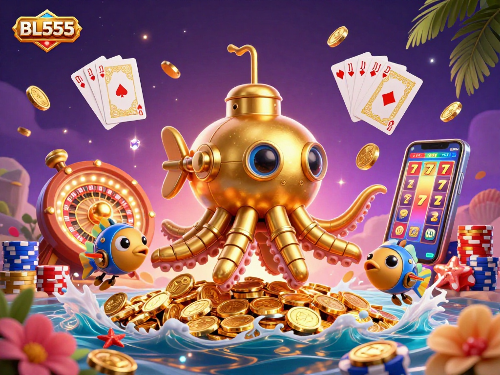 Experience excitement with BL555's vibrant casino scene featuring golden treasure and dynamic game elements.