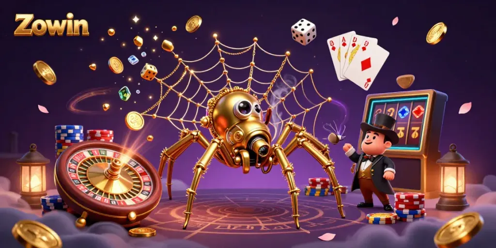 Zowin enhances gaming with an enchanting steampunk spider capturing dice in a vibrant casino setting.
