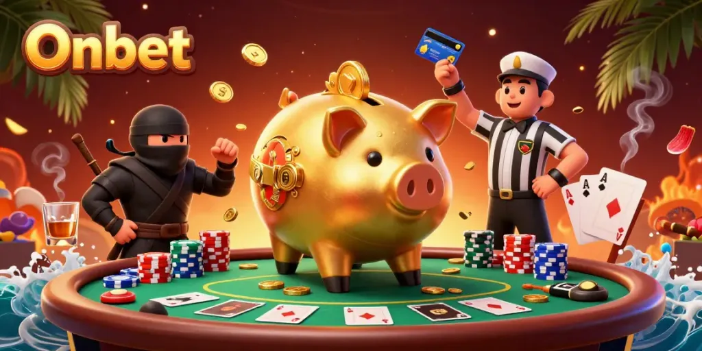 Experience Onbet's thrilling gaming action with a piggy bank sumo wrestler and a ninja amidst poker chaos.