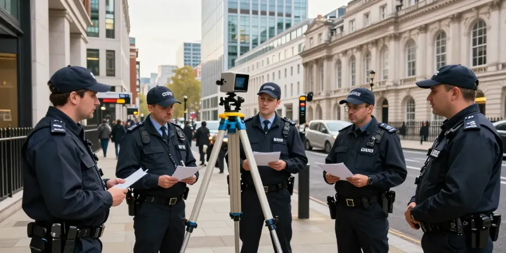Security services team assessing safety at London business, showcasing professional, licensed providers.