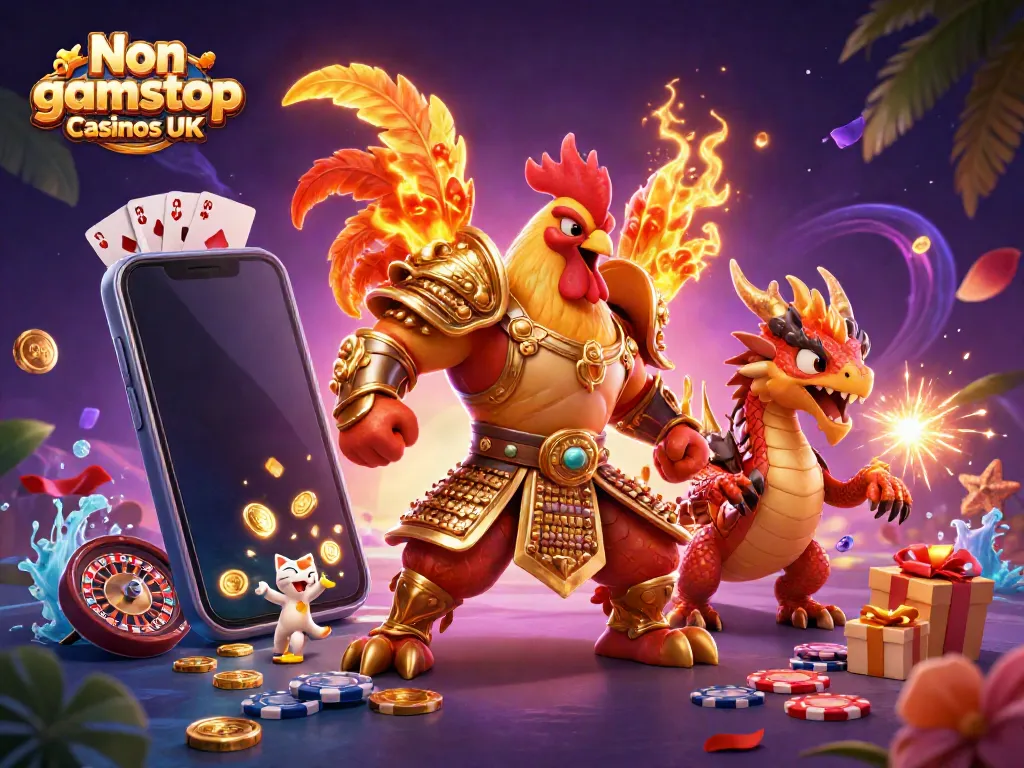 Engage with the vibrant scene of Non gamstop casinos UK featuring a dynamic rooster warrior, dragon hatchling, and gaming elements.