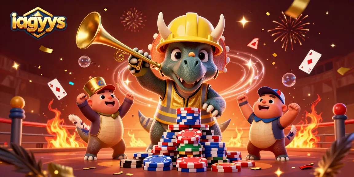 iagyys engages players with a dynamic cockfighting scene featuring cartoon dinosaurs building poker chip pyramids.
