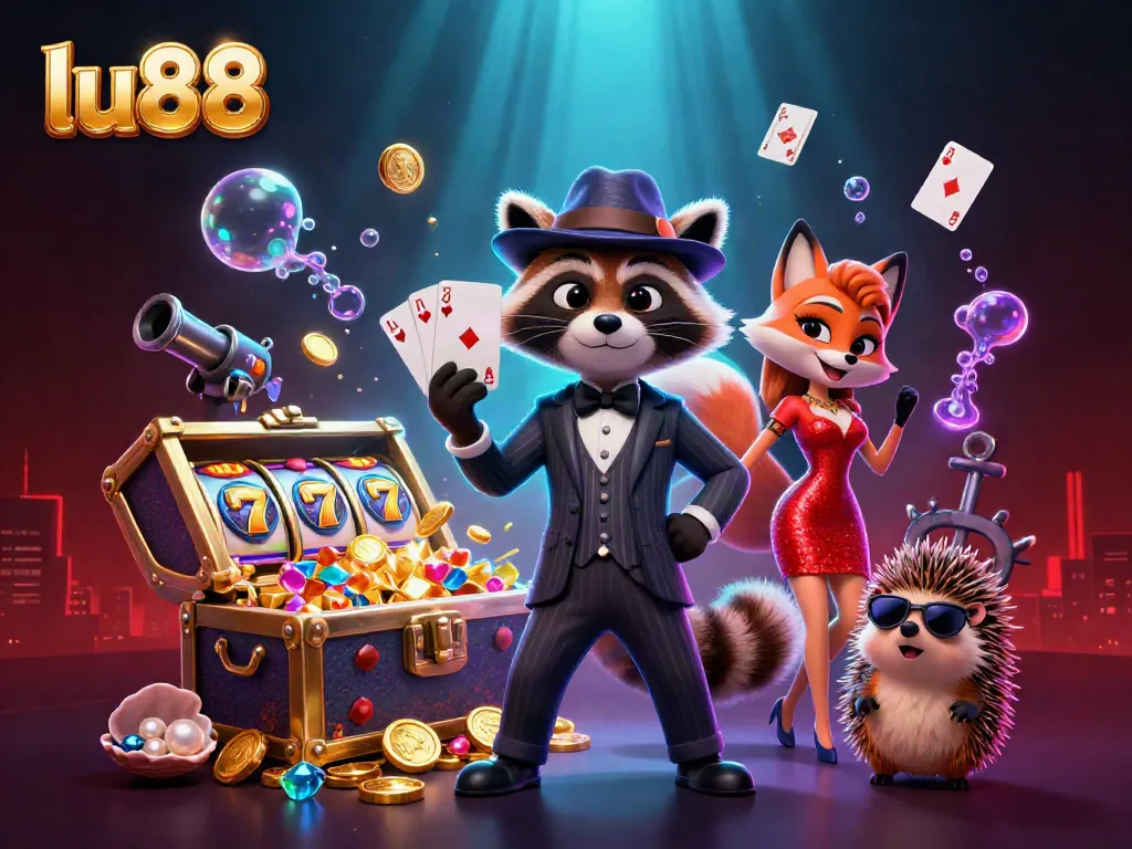 Experience thrilling gameplay at lu88 with a suave raccoon, elegant fox, and a hedgehog bouncer!
