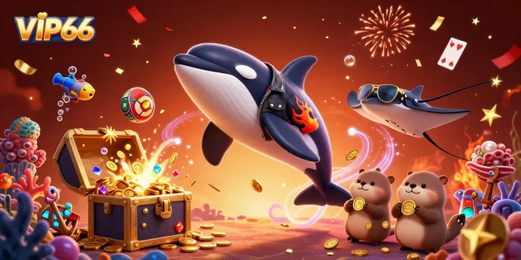 Experience VIP66 with a dynamic scene of colorful casino games and lively characters celebrating under the sea.