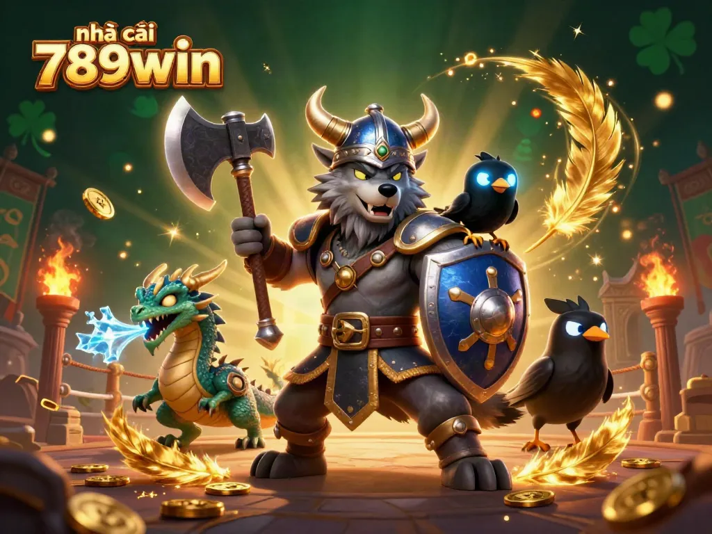 Experience the excitement of nhà cái 789win with a fierce Viking warrior, dragon, and glowing raven amidst dynamic gaming elements.