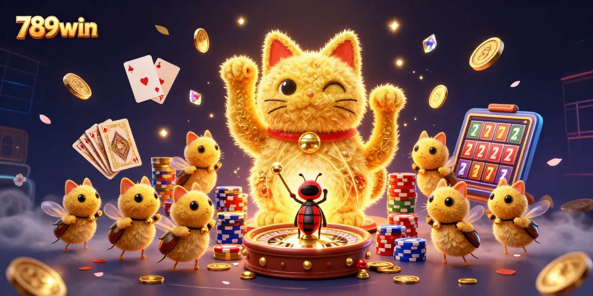 Play exciting games at 789win with a dazzling lucky cat and casino symbols.