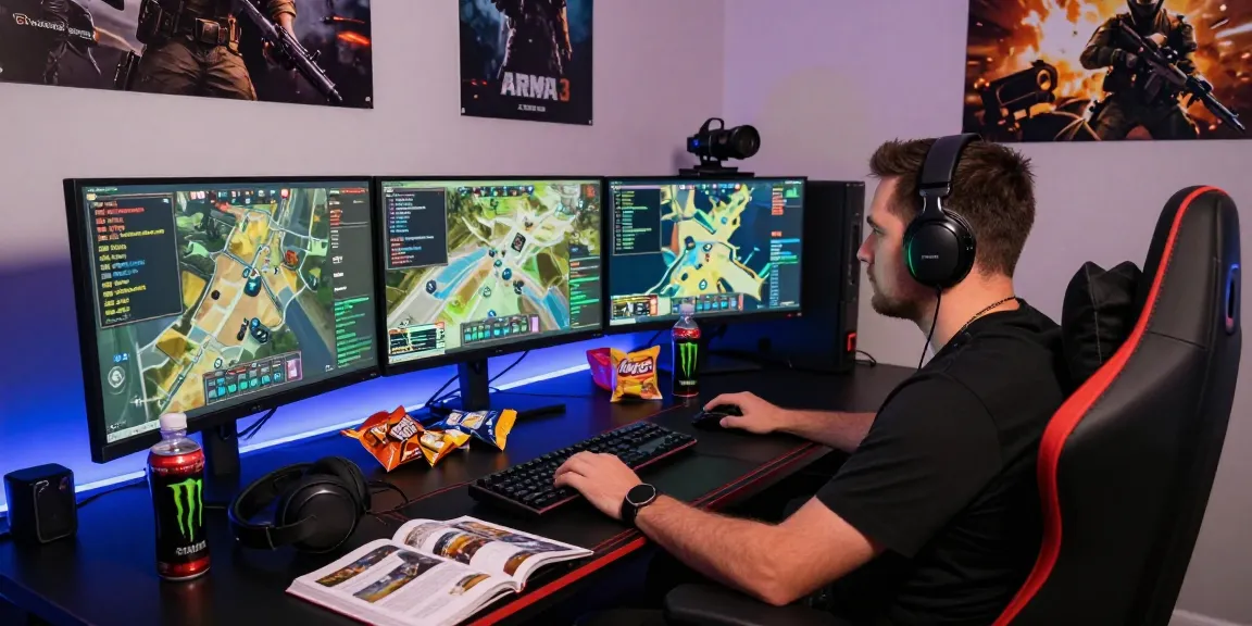 Engaging gamer using ArmA 3 Cheats in a vibrant gaming setup with multiple monitors.