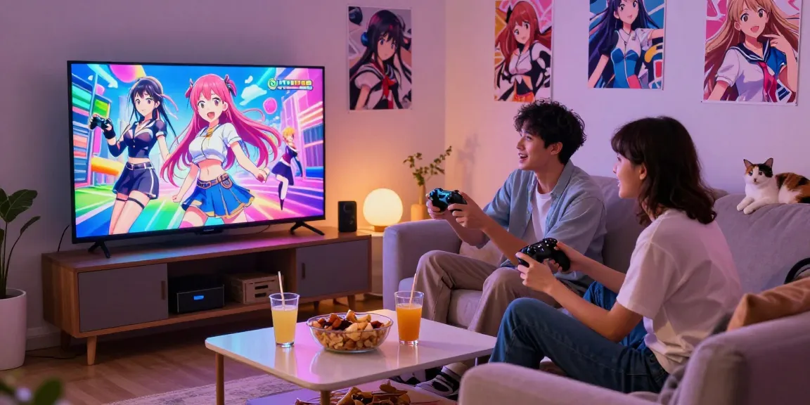 Couple engaging in a vibrant hentai game on a smart TV in a cozy living room.