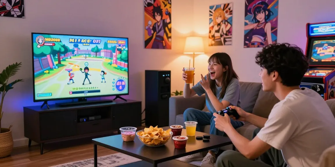 Diverse group of young adults enjoying an ecchi game in a cozy gaming room filled with snacks and vibrant decor.