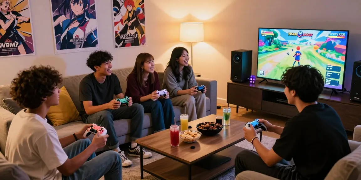 Gamers enjoying ecchi games together in a cozy living room, showcasing a vibrant gaming atmosphere.