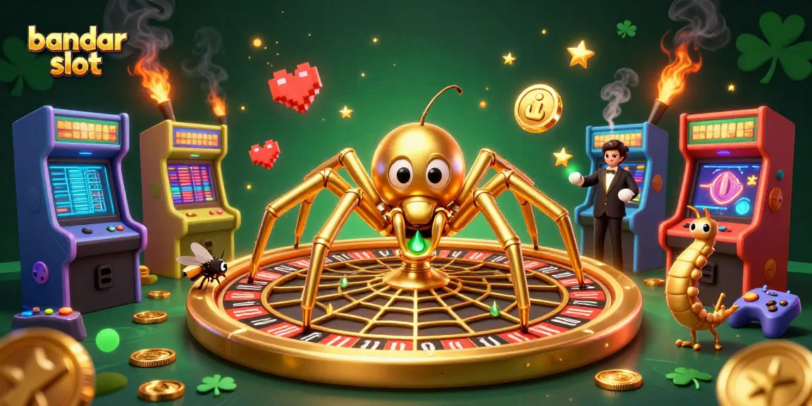 Engage with the colorful bandar slot scene, featuring a golden spider and dynamic game elements in a rich gaming atmosphere.