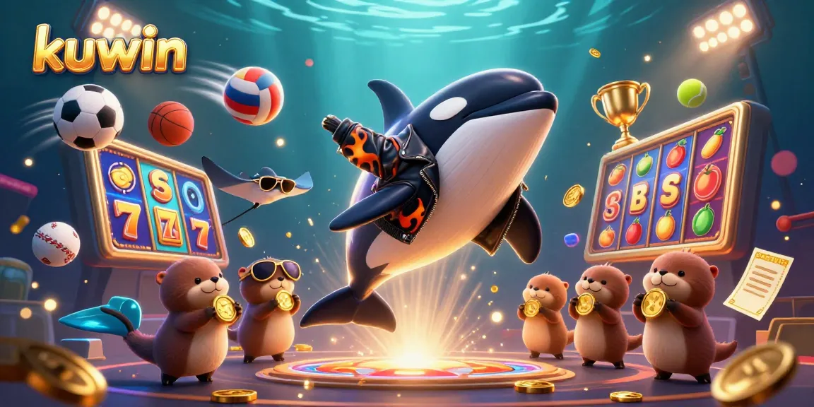 Kuwin's thrilling underwater casino adventure with an orca, stingray, and sea otters celebrating winnings.