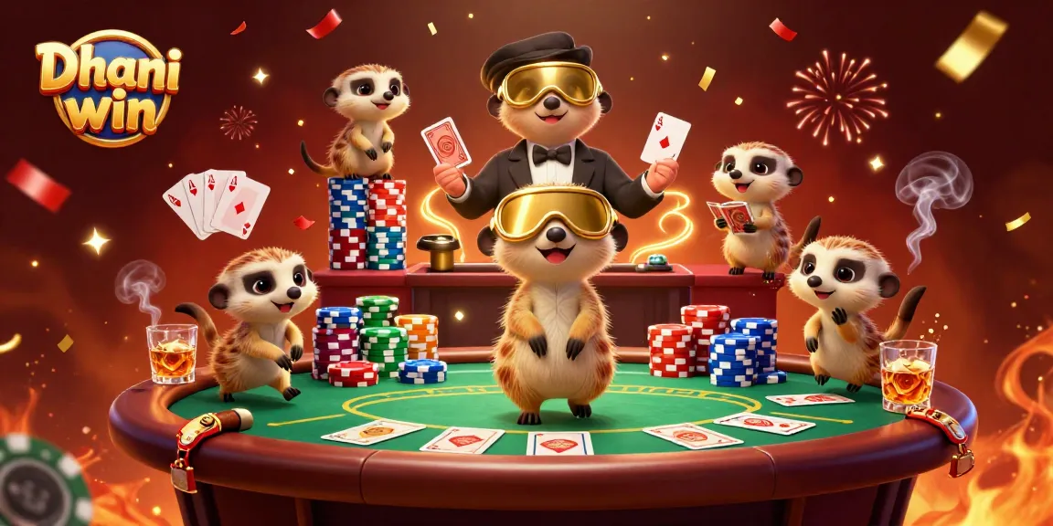Dhani win gaming experience with meerkats operating a lively casino, showcasing vibrant poker elements.