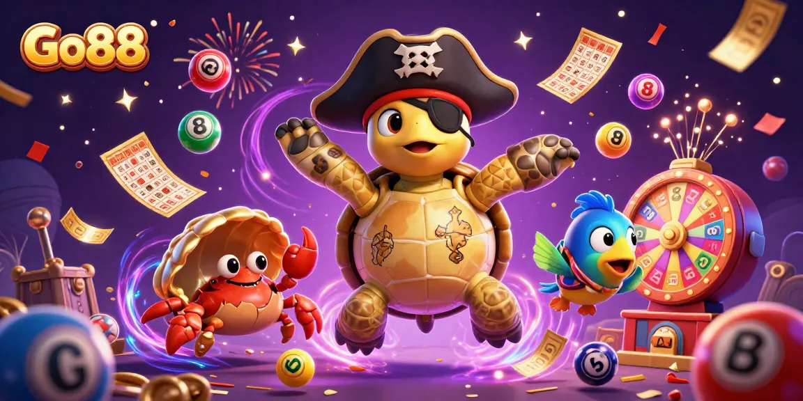 Engage in thrilling Go88 gaming with a vibrant scene of pirate turtle, hermit crab, and parrotfish amidst dynamic casino elements.