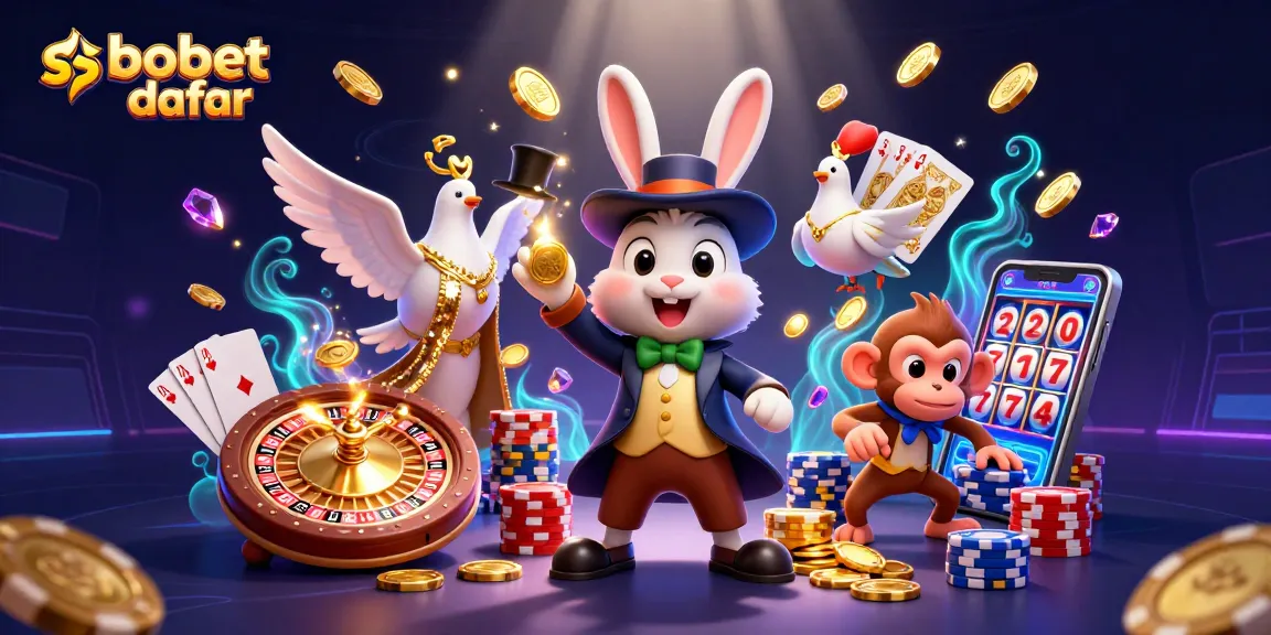 Experience sbobet daftar with a lively scene of a magician rabbit, dove, and monkey in a vibrant casino setting.
